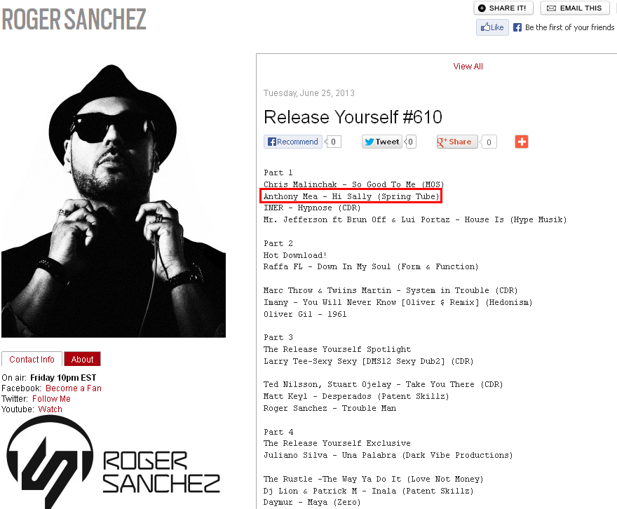 Anthony Mea - Hi Sally @ Release Yourself 610 By Roger Sanchez.