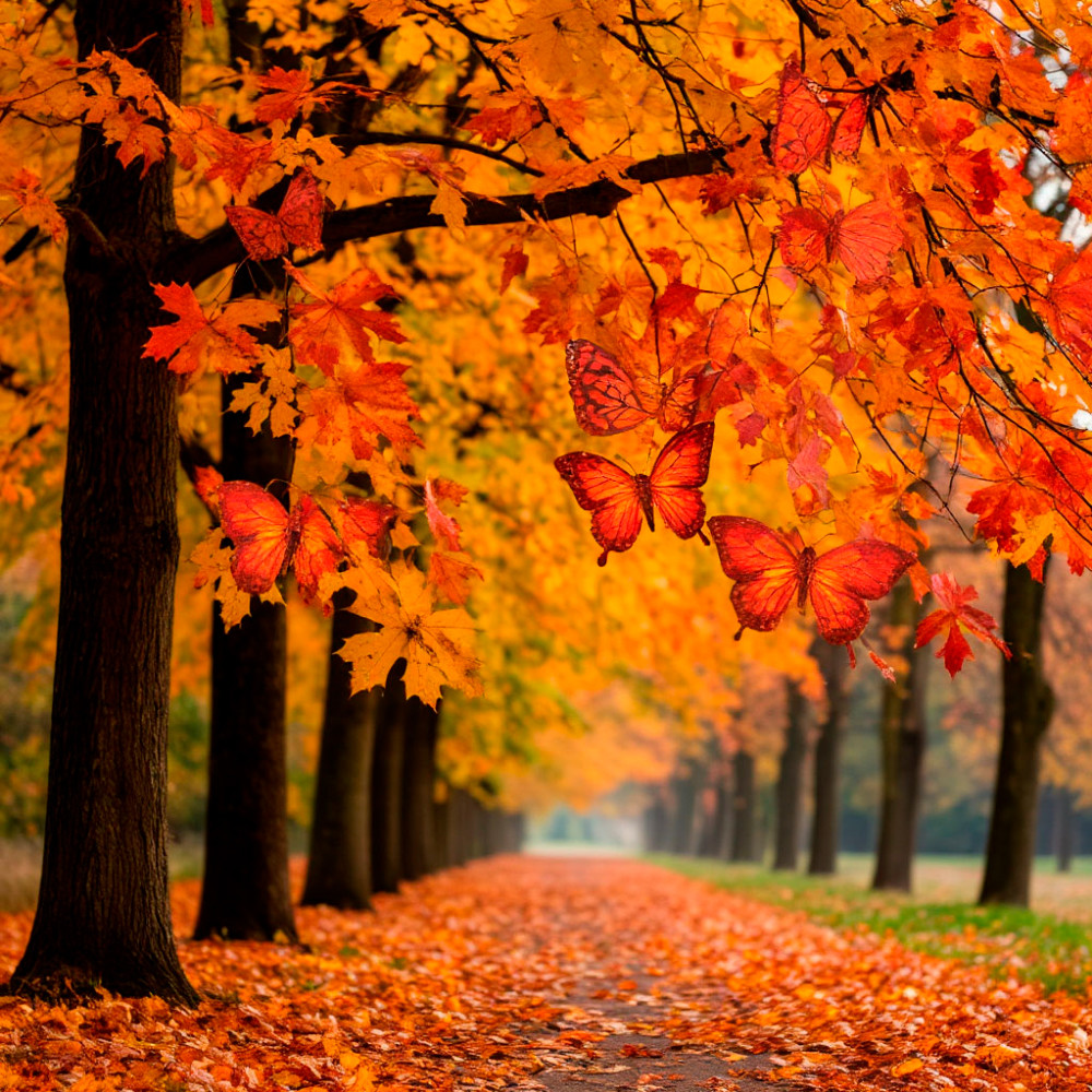 An extraordinary autumn wind turns the leaves on the trees into beautiful butterflies